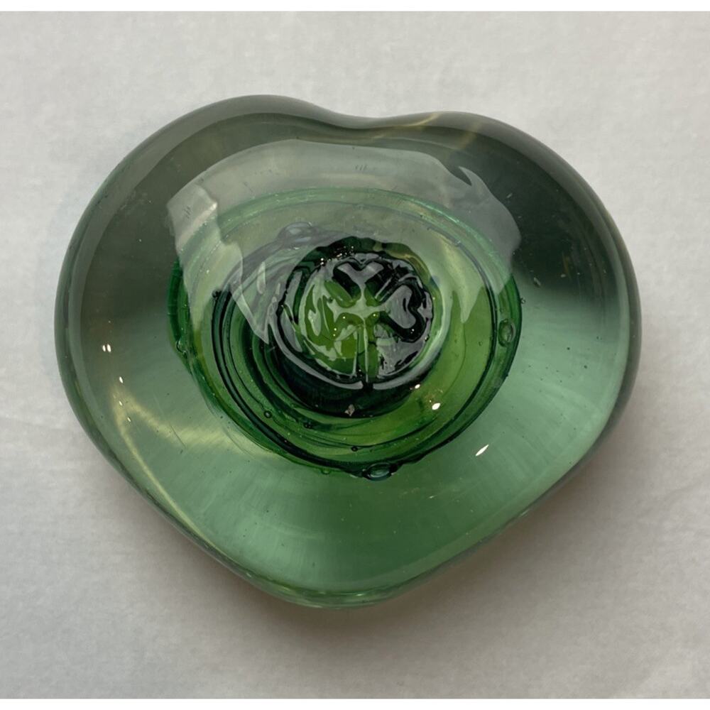 Green Heart Shaped Glass Paperweight Hand Blown With Shamrock Stamp
